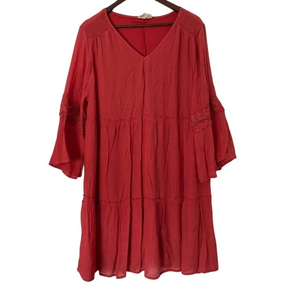 2X Burnt Orange Tiered Babydoll Dress Boho Crochet Lace Bell Sleeve Peasant Fall